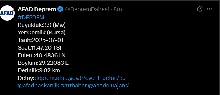 Bursa'da deprem meydana geldi